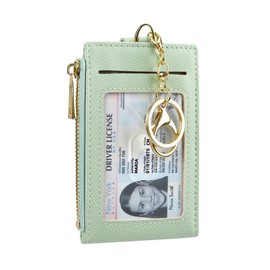 Cynure Women & Men Leather RFID Blocking Card Holder Slim Small Zipper Keychain Front Pocket Wallet with 2 ID Window, Light Green, One Size, Minimalist
