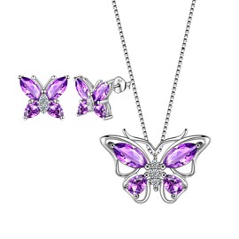 Aurora Tears Butterfly Necklace/Earrings Set February Birthstone Purple Amethyst Jewelry Set Animals Jewelry Gift for Women and Girls DS0035W