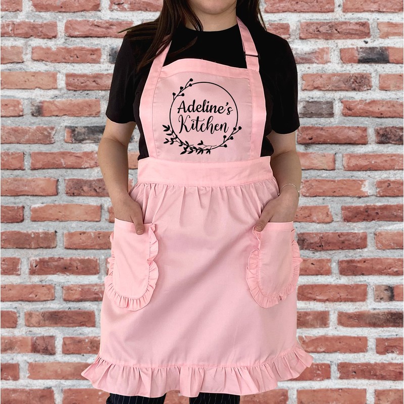 TEEAMORE Custom Ruffle Apron Your Name With Floral Frame Kitchen