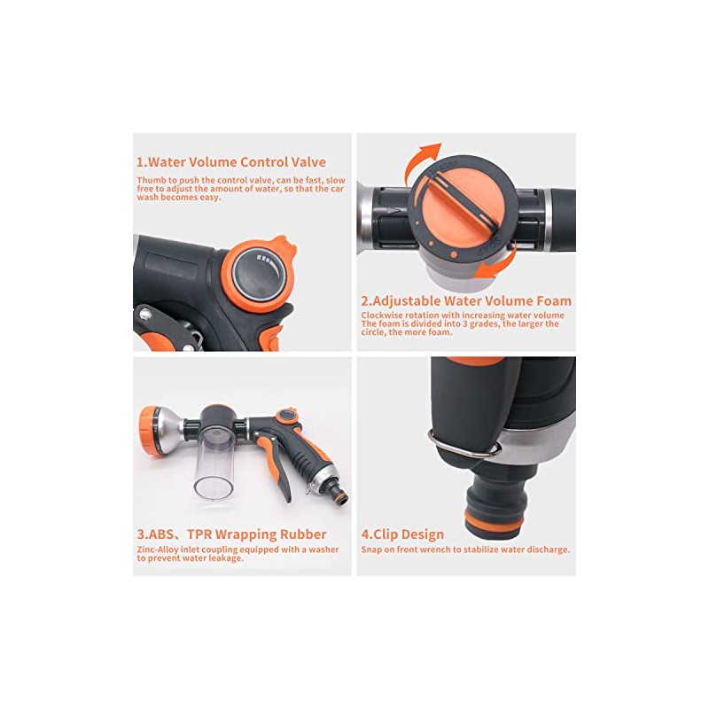 High-Pressure 8-Pattern Hose Nozzle with Soap Dispenser