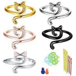 5 Pcs Crochet Ring, Adjustable Knitting Ring Loop Crochet Ring Crochet Rings for Fingers with Sewing Needles for Hand Weaving Cute Cat Opening Finger Crochet Rings for Hand Weaving