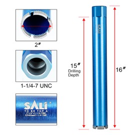 SALI Wet Diamond Core Drill Bits 2"/52mm Diameter, 15"/380mm Drilling Depth Concrete Core Drill Bit, 1-1/4-7" Thread Core Bit Turbo Laser-Welded Segments with Rebar, Brick, Block, Masonry, Stone