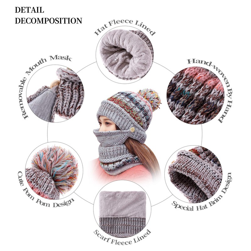 FANZERO Womens Girls Knit Beanie Scarf Mask Set Soft Warm
