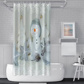 SDOTPMT 122x183cm Cute Shy Snowman Grey White Stripe Hat Shower Curtain Winter Snowflake Sliver Star Bath Curtain Merry Christmas Bathtub Curtain for Kids Bathroom Fabric Polyester with Hooks