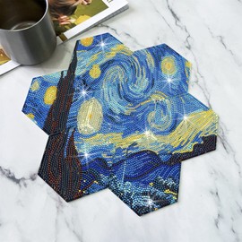 NIHO-JIUMA Van Gogh Starry Night Diamond Painting Coasters, Diamond Art Coasters Kits Gift for Adults (7 pcs)