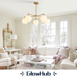 GlowHub Modern Gold Chandelier Brass Pendant Light with Milk White Glass Globe Shades Sputnik Chandelier Brass 5-Light Hanging Ceiling Light Fixture for Dining Room Kitchen Foyer, 30 Inches Wide