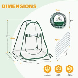 Easy Set-up Mini Greenhouse Pack of 2 Mini Pop up Flower House Backard Garden Plant Cover for Cold Forst Protection PVC Sunshine Room with Stakes and Carrybag (27" L x 27" W x 31" H)