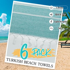 Eliamo Turkish Beach Towel Set of 6 Beach Towels Cotton Quick Dry Sand Free 36 x 71 inch Turkish Towel Oversized Lightweight Turkish Bath Towels Teal