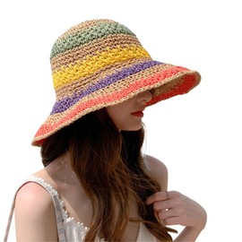 Womens Felt Crochet Straw Hat Wide Brim Foldable UV UPF 80+ Outdoor Travel Summer Floppy Beach Sun Visor Hat Colorful