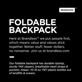 Brandless Foldable Backpack - Travel Essentials | Breathable Mesh Straps & Pockets | 100% Recycled Polyester | Eco-Friendly | Sustainable Travel | Minimalist Design with YKK Zipper