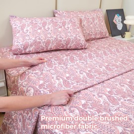 Bedmoon Full Paisley Floral Sheets, Blue Pink Flower Sheets with Corner Straps, Cozy Vintage Bed Sheet Set with Non-Slip Fitted Sheet, Soft Microfiber Paisley Pattern Sheets