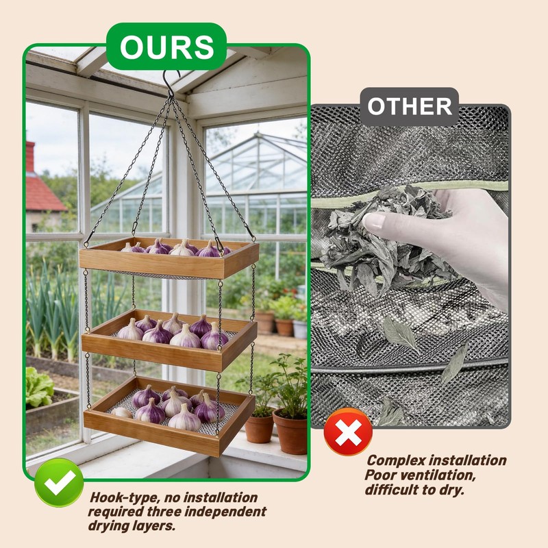 Tnstbiee 3-Tier Hanging Wooden Herb Drying Rack, Compact Mesh Flower