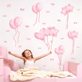 Watercolor Pink Wall Stickers Baby Girls Wall Decals Pink Balloons Wall Stickers for Girls Bedroom Peel and Stick Star Hearts Bow Art Vinyl Murals for Kids Playroom Nursery Daycare Baby Room Decor