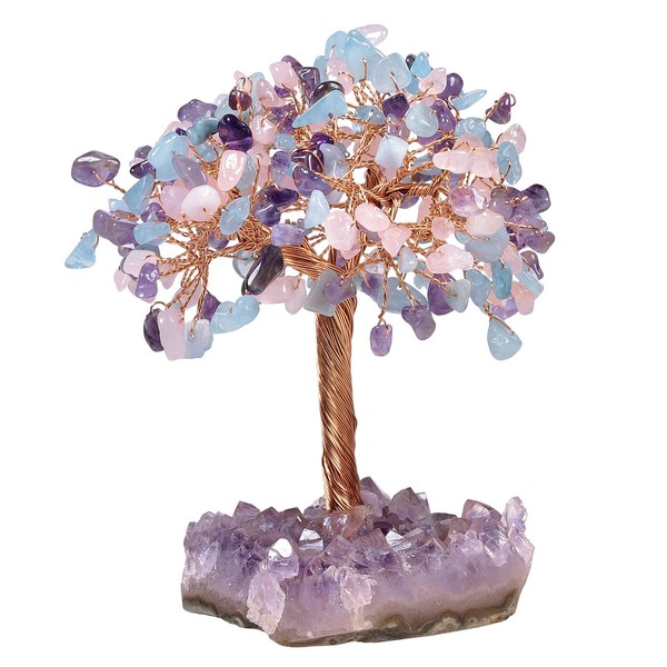 Yatming Healing Stone Amethyst/Rose Quartz/Aquamarine Tree with Natural Amethyst Geode Cluster Base Crystal Feng Shui Bonsai Tree Decoration for Wealth