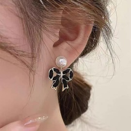 Black Bow Stud Earring Pearl Stud Earring Black Bow Dangly Earring Cute Black Bow Drop Earring for Women and Girls