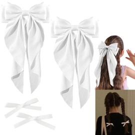 LilaLemon 4 PCS Big Bow Barrettes for Party,Long Tail French Ribbon Hair Pins for Women, Soft Silky Satin Hair Clip for Girl, Metal Bowknot Clips,90's Accessories for Valentine's Day