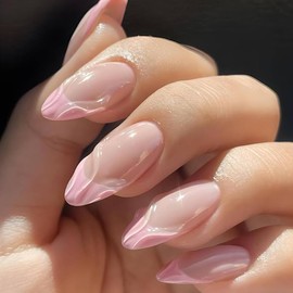 French Tip Press on Nails Medium Almond Fake Nails 3D Line Soft Gel False Nails Pink Acrylic Nails Glossy Artificial Nails with Summer Designs Glue on Nails for Women Girls 24Pcs