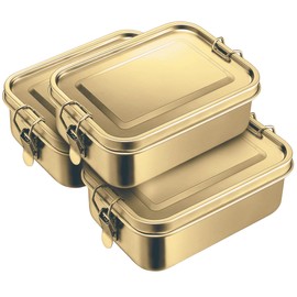 Litlheim 3-Pack 850ml (28.7 oz) Stainless Steel Gold Color Bento Lunch Box Containers with Lids - Waterproof Metal Food Storage - Snack Prep Trays and Tiffin Carriers