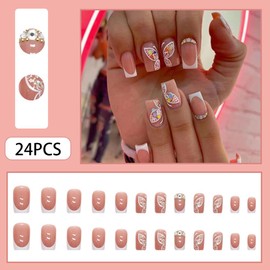 Medium Press On Nails, Acrylic Nails Press on, Medium Length Nail Press Ons Fake Nails White French Tip False Nails with Butterfly Press ons Designs Artificial Nails Stick on Nails for Women 24Pcs