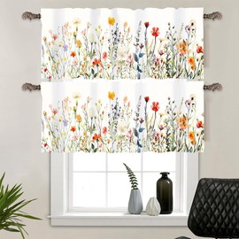 DIPQIMI Watercolor Floral Valances for Kitchen Windows, Rustic Color Plants Spring Blossom Boho Curtains Decorative Rod Pocket Short Valance Curtains for Bathroom, Bedroom, 2 Panel 54x18in