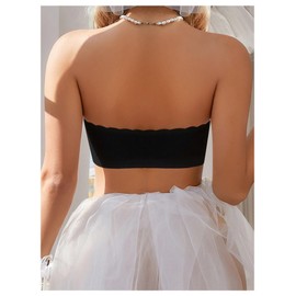 WDIRARA Women's Strapless Front Closure Bra Non-Slip Padded Bandeau Bras Wavy Trim Seamless Tube Top Bralette Black Small