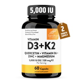 Sandhu's Vitamin D3 K2 Magnesium 5000 IU, 120mcg K2 Capsules 60 Count (Pack of 1) | with VIT B6, Zinc & Quercetin | D3K2 Supports Superior Absorption, Energy, Immune, Muscle Health for Men & Women