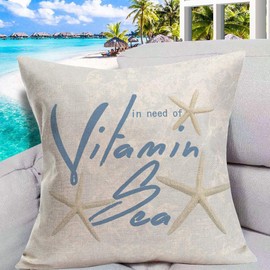 Fukeen Set of 4 Summer Beach Happy Place Throw Pillow Covers 18x18 Inch Rustic Wooden Ocean Sea Sign Starfish Tropical Trees Coastal Quotes Pillow Cases Home Decor Cotton Linen