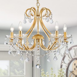 WUZUPS Crystal 5-Light Candle Chandelier Pendant Flushmount Ceiling Light Modern Lighting Fixture for Bedroom Hallway Bar Kitchen Bathroom, H 20.9" x W 21.7", Gold, E12 Base