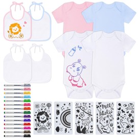 Spetsbst Pack of 27 Baby Bibs for Painting, Bodysuits for Baby Shower, Set with 4 Short-Sleeved Cotton Bodysuits, Double-Sided, 4 Bibs with 14 Coloured Textile Pens, 5 Painting Stencils