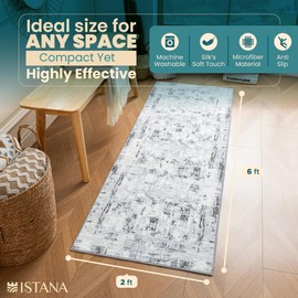 Istana Hallway Runner Rug 2x6 - Grey Kitchen Rugs Non Slip Washable -Silk's Soft Touch Carpet Runner - Stylish Rug Runner for Home