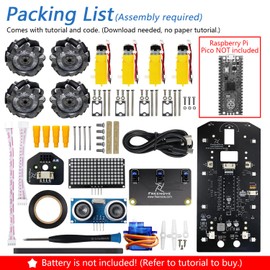 Freenove Mecanum Wheel Car Kit for Raspberry Pi Pico (Not Included) (Compatible with Arduino IDE), Dot Matrix Expressions, Obstacle Avoidance, Line Tracking, Light Tracing, Colorful Light, App