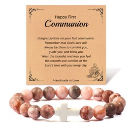 Cross Bracelet for Girls 8mm Bead Bracelet Baptism Communion Confirmation Easter Christmas Christian Birthday Grade Graduation Gifts (Happy First Communion)