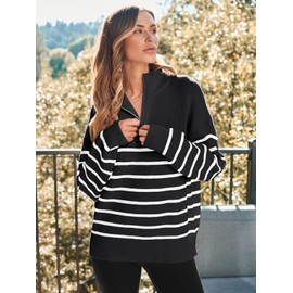 LILLUSORY Women's Quarter Zip Striped Oversized Sweater Mock Turtleneck Pullover Fall Fashion Outfit Winter Trendy Clothes Black White S