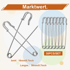 Safety Pins Large - Pack of 30 90 mm Heavy Duty Safety Pins for Clothes, Leather, Thick Fabrics, Blankets, Scarves Kilts, All Types of Crafts (Silver)