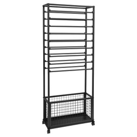 GDAE10 20-Tier Gold Metal Ribbon Holder Organizer Rack, Double-Sided Ribbon Storage Rack with 4 Lockable Wheels,for Craft Room, Floral Supplies, 67x32x170cm (Black)