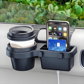 GDQ 4-in-1 Car Window Organizer - Clip-On Cup Holder & Phone Mount with Hooks | No Drill Universal Fit for SUV/Truck/Sedan | Slide-Free Installation