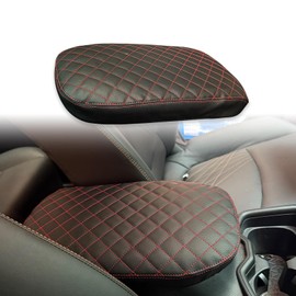 KUSTSOFT Center Console Armrest Cover for 2025 Toyota RAV4 Accessories 2024 2023 2022 2021 2020 2019 PU Leather Middle Console Lid Cover Pad Protector Elbow Arm Rest Covering Car(Red Line Grid)