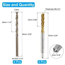 sourcing map Tap and Drill Bit Set, 4pcs M4 x 0.7 Metric Spiral Flute Thread Screw Taps & 4pcs 3.3mm Twist Drill Bits, Titanium Coated/Roasted Yellow HSS-6542/M35 HSS-CO Tapping Threading Tool