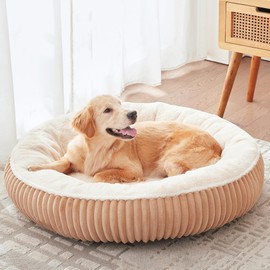 BedStill 36 inches Donut Dog Bed for Large Dogs - Calming Round Pet Bed with Removable Cover,Washable Milk Plush Faux Fur, Fits Pets up to 80 lbs(Brown,Large)