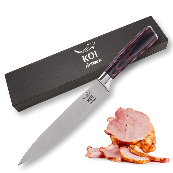 KOI ARTISAN Meat Carving Knife - 7.7 Inch Razor Sharp Blade - High Carbon Stainless Steel Japanese Knives -Chef Knife Pattern Laser Etched- Perfect for Meat Cutting
