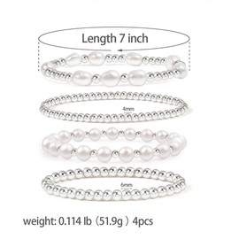 FUTIMELY Boho Gold Beaded Stretch Bracelets Set for Women Men,Vintage Baroque Pearls Layered Stacking Ball Bracelets,Elastic Round Bead Bracelets Jewelry Gifts (Silver)