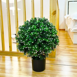 Sunnyglade 21.6” Tall Artificial Jasmine Topiary Ball Tree Set of 2 Pack Potted Bushes UV Resistant Potted Plants for Indoor Outdoor Home Garden (White)