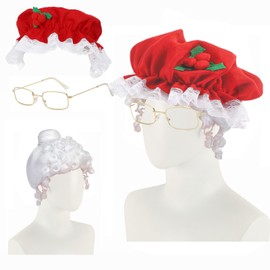 ZNTU Mrs Claus Hat, Wig and Glasses White Old Lady Wig Mrs Claus Mrs Doubtfire Wig Granny Wig for Women Christmas Santa Claus Wig