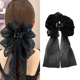 Large Black Bow Claw Clips for Hair Bows with Long Ribbon Tails for Women Girls Bow Knot Hair Clip Barrettes for Thin Thick Hair Accessories for Women Girls