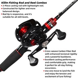 Kilitn Fishing Rod and Reel Combo, Baitcaster Rod 2-Piece & Reel, L/M/MH Power Replaceable Tips, Strong Carbon Fiber Rod with EVA Handle for Freshwater or Saltwater Fishing (Casting Right 6FT)