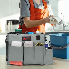 Vinsani Cleaning Caddy Multifunctional Storage Organiser Bag with Handle and Adjustable Waist and Shoulder Straps for Cleaning Supplies, Home, Craft, Car and Garden Tool Kit – Medium Dark Grey