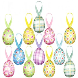 12 Pcs Easter Eggs Hanging Ornaments, Buffalo Plaid Daisy Hanging Eggs Decorations, Colorful Decorative Eggs Baubles Ornaments, Spring Farmhouse Tree Ornaments Basket Filler Decor(Pastel)