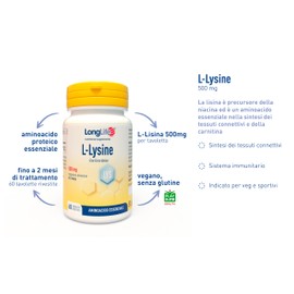 LongLife® L-Lysine 500mg | Integratore alimentare a base di L-Lisina | Sintesi dei tessuti connettivi | Benessere immunitario | Fino a 2 mesi di trattamento | Vegano e senza glutine