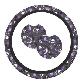 Purple Black Goth Spooky Pattern Steering Wheel Cover with 2 Car Coasters Non Slip Neoprene for Women Men Universal 15 Inch Stylish and Practical Set