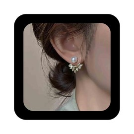 Cimenexe Bohemian Crystal Flower Pearl Jacket Earrings Gold CZ Pearl Ear Jacket Earrings Leaf Pearl Dangle Earrings Rhinestone Wings Drop Earrings Jewellery For Women, Zinc, No Gemstone